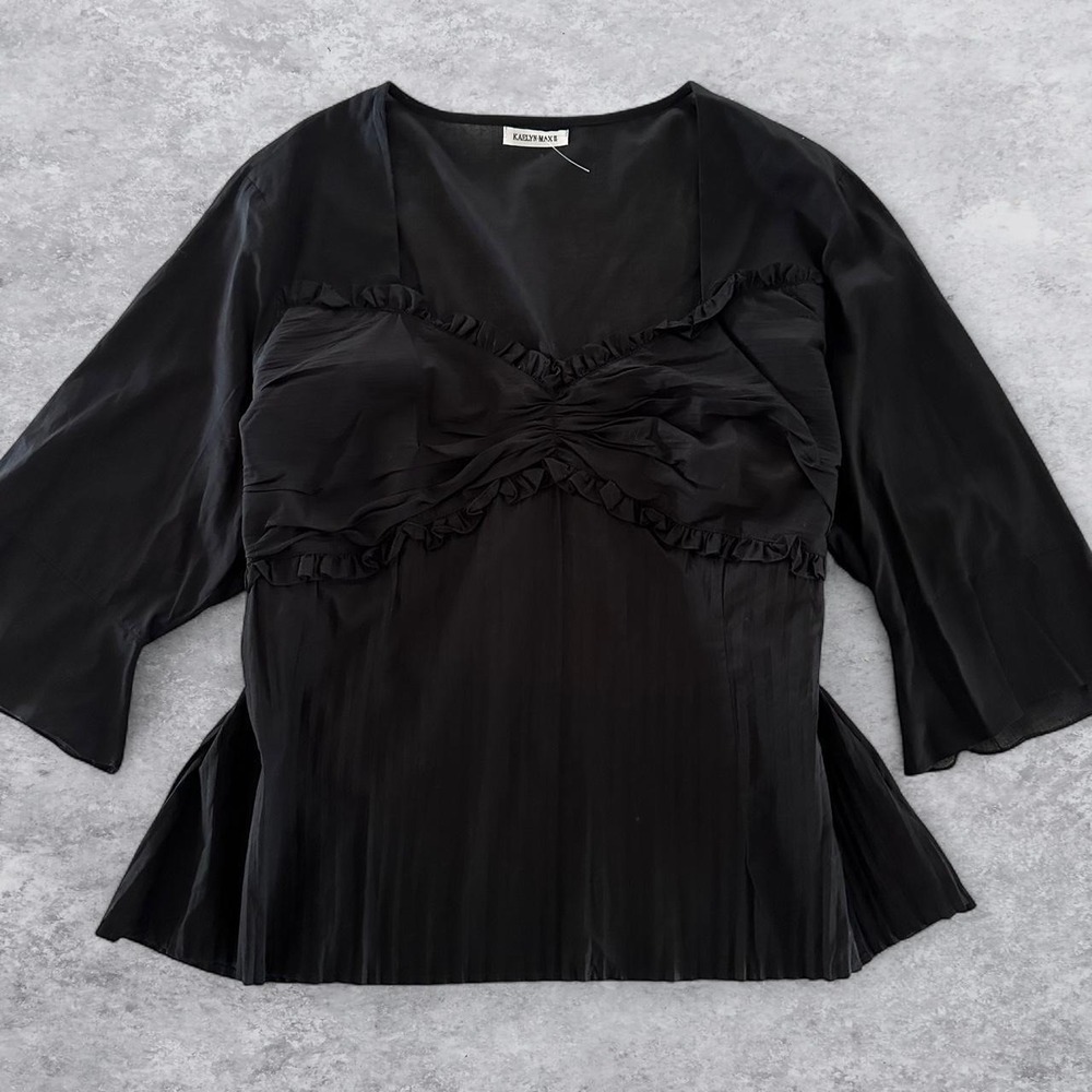 Kaelyn Max II Black Cotton Ruffle Peplum Blouse 3X Sweetheart Bell Sleeve Top